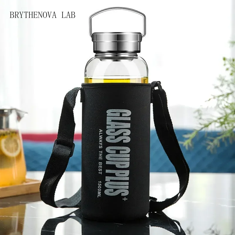 Outdoor Sport Glass Water Bottle - 2Lガラス製水筒（ストラップ付き）、スポーツウォーターボトル、屋外旅行用漏れ防止携帯ドリンクウェア、茶こし付きガラスボトル