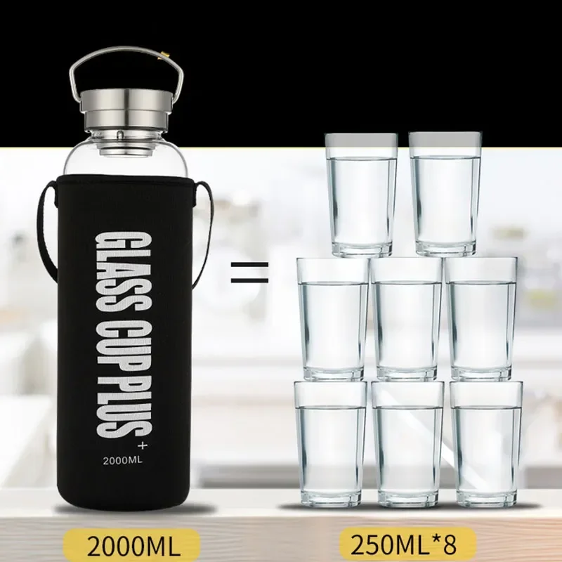 2Lガラス製水筒（ストラップ付き）、スポーツウォーターボトル - Outdoor Sport Glass Water Bottle のレビューと価格